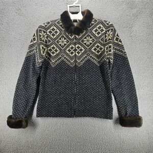 Talbots Collection Wool Nordic Fair Isle Full Zip Cardigan Faux Fur Trim Grey S